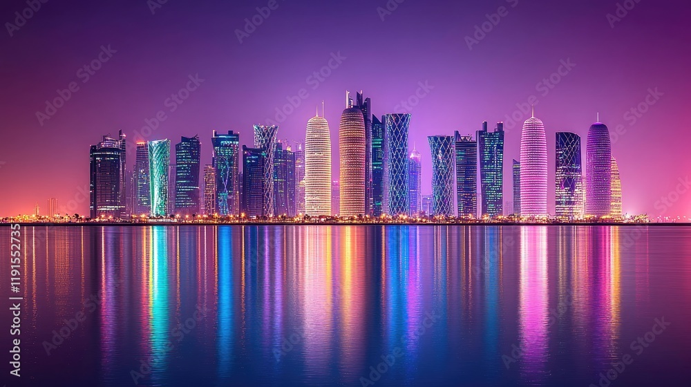 Fototapeta premium Doha Skyline Night Illuminates Cityscape Reflection