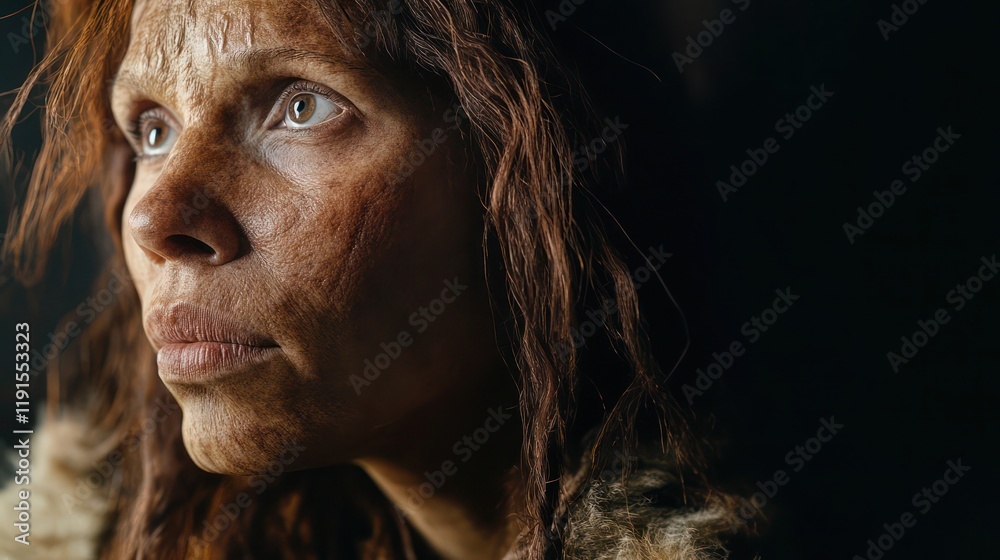 Close-up of a female, depicting an ancient human with detailed features. Close-up of a female, depicting an ancient human with detailed features.