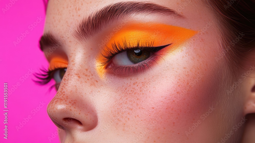 Obraz premium Freckled Face With Vivid Orange Eye Makeup
