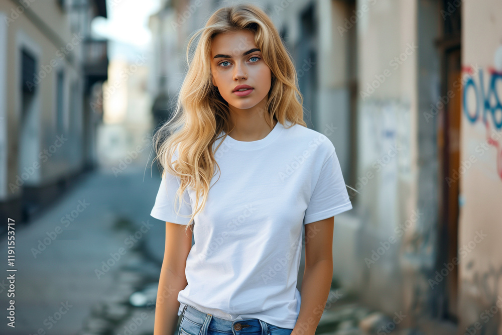 Blonde Female Model in Urban Streetwear Posing in White T-Shirt Mockup, Showcasing Casual Fashion Style on City Street Background Blonde Female Model in Urban Streetwear Posing in White T-Shirt Mockup, Showcasing Casual Fashion Style on City Street Background