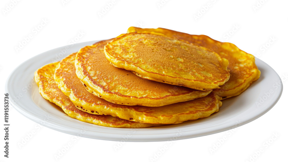 Golden pancakes served on a white plate, isolated on transparent background Golden pancakes served on a white plate, isolated on transparent background
