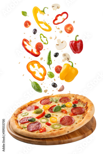 A delicious pizza with cheese, tomato, and pepperoni, isolated on a white background