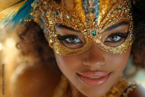 Radiant Carnival Celebration Afro-Caribbean Woman in Gold Mask photo