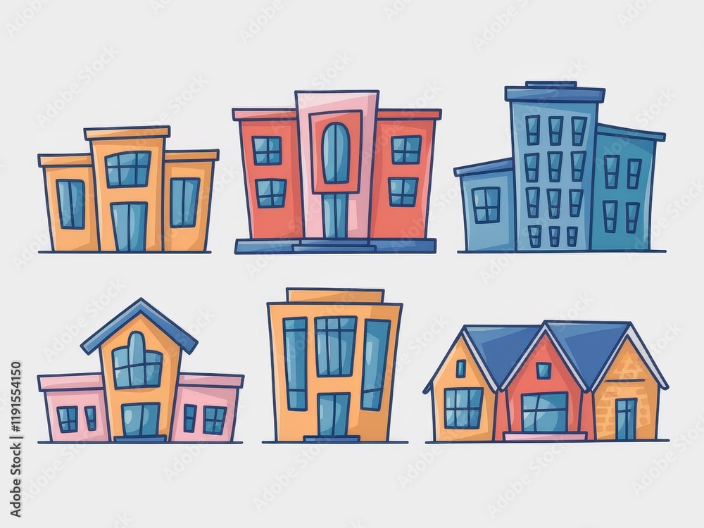 Colorful Cartoon Illustrations of Various Building Designs Colorful Cartoon Illustrations of Various Building Designs