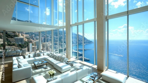 A minimalist penthouse living room with modern design and expansive glass windows overlooking Monacos coast. photo