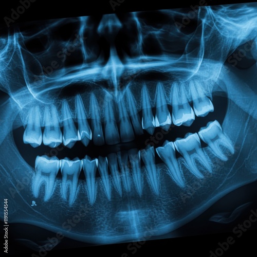 Wallpaper Mural dental x-ray, panoramic view, human teeth and jaw, blue tinted, ethereal glow, medical imaging, anatomical detail, eerie atmosphere, technological aesthetic, digital radiography, skeletal structure, d Torontodigital.ca