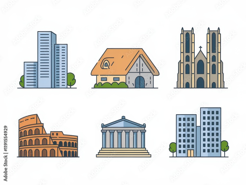 Fototapeta premium Diverse Architectural Styles Showcase Various Building Designs