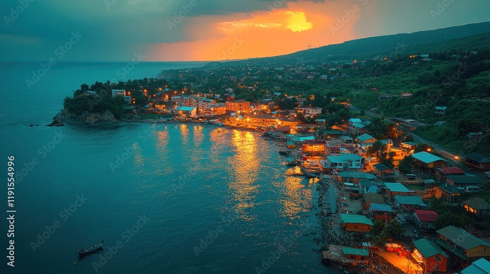 Naklejka premium Coastal Town Sunset Illuminated Houses And Sea