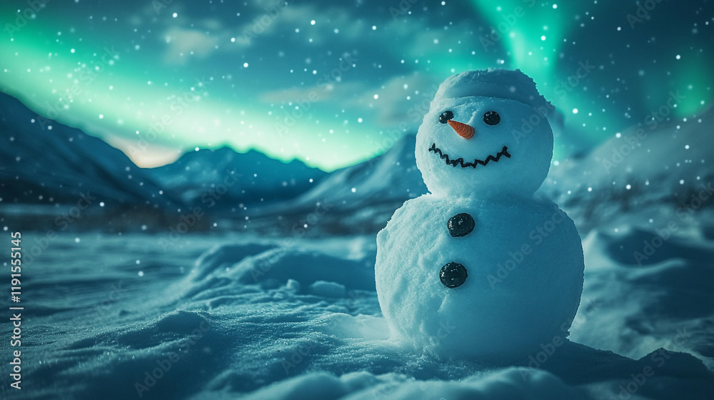 Obraz premium Snowman stands in snowy landscape under northern lights at night