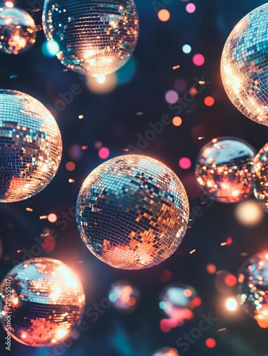 pop illustration of large silver sparkling disco balls on a dark background, iridescent and dreamy glow