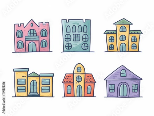 Colorful Cartoon Illustrations Of Various Building Designs