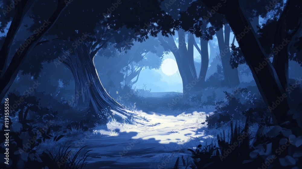 Fototapeta premium Moonlit Path Through A Dark Blue Forest