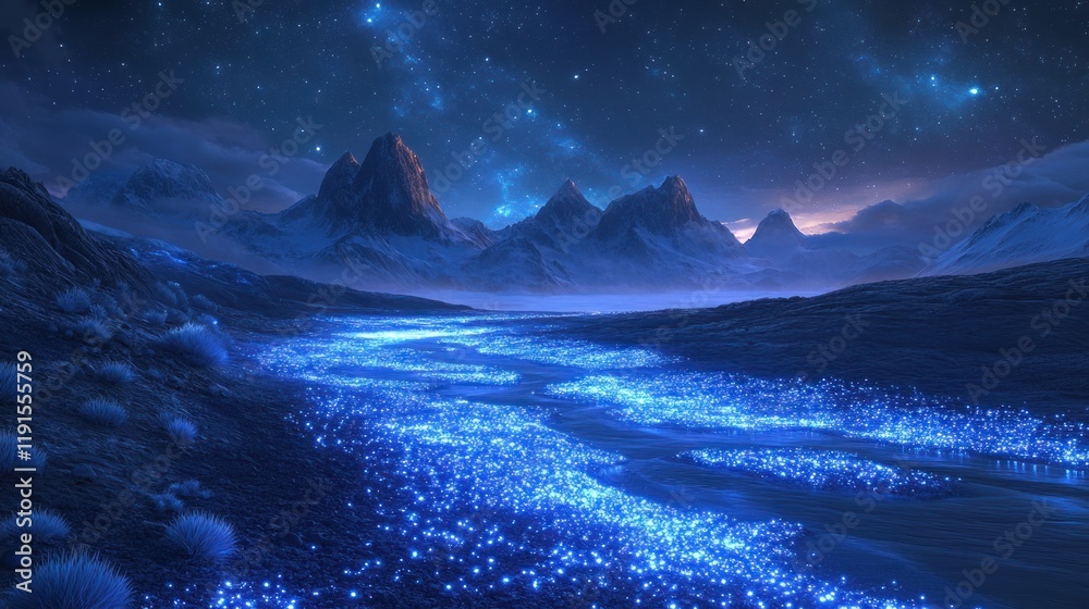 Celestial River Flows Through Snowy Mountains Under Starry Sky Celestial River Flows Through Snowy Mountains Under Starry Sky