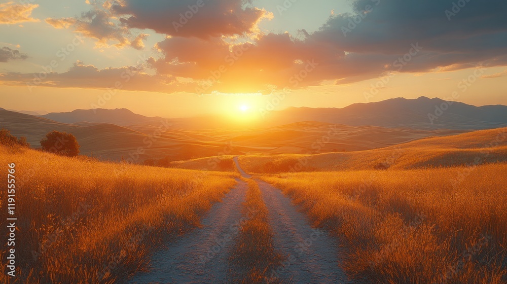 Obraz premium Sunset over rolling hills and a country road