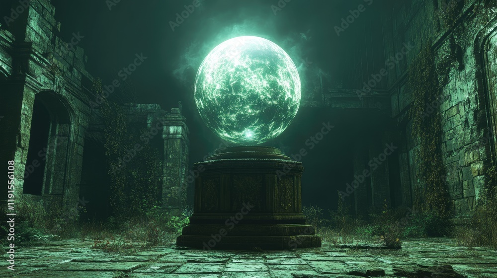 Glowing Orb Rests in Ancient Ruins Overgrown With Plants Glowing Orb Rests in Ancient Ruins Overgrown With Plants