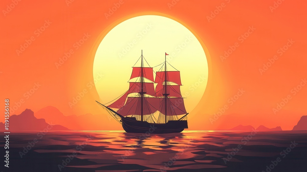 Obraz premium A sailing ship at sunset on a calm ocean