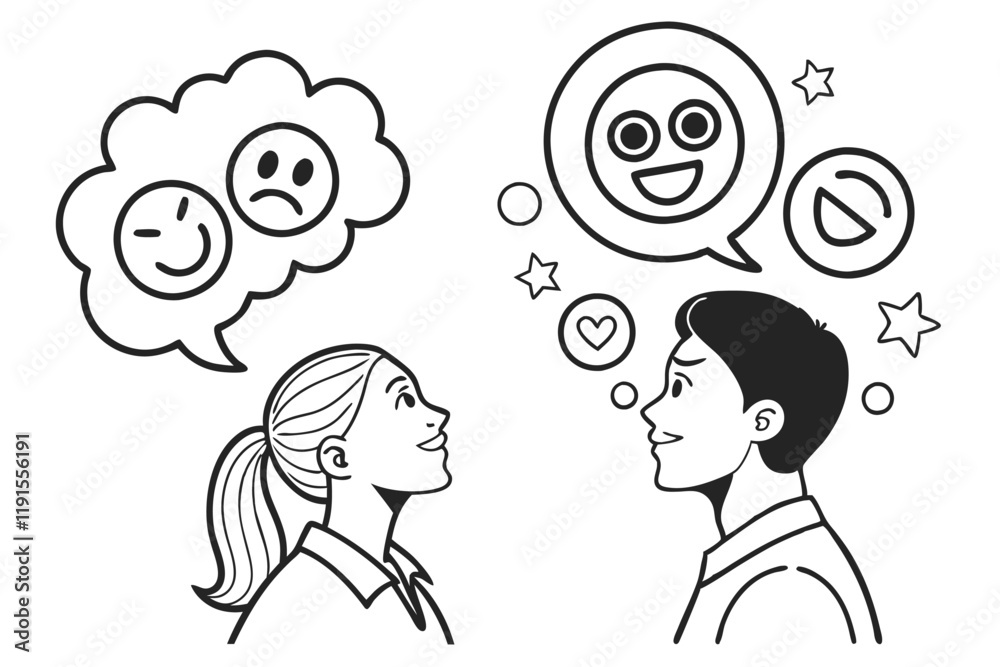 Simple line drawings, emotional icons, speech bubbles, black and white, minimalist design, expressive faces, symbolic emotions, communication symbols, clean vector style, round shapes, concise visual Simple line drawings, emotional icons, speech bubbles, black and white, minimalist design, expressive faces, symbolic emotions, communication symbols, clean vector style, round shapes, concise visual