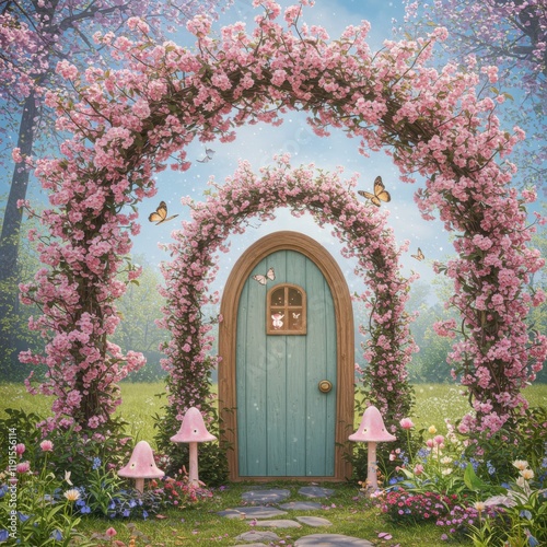 Wallpaper Mural Fantasy garden entrance, ornate cottage door, pink cherry blossom arch, whimsical fairy tale setting, lush floral landscape, dreamy pastel colors, enchanted forest, magical atmosphere, spring bloom, e Torontodigital.ca