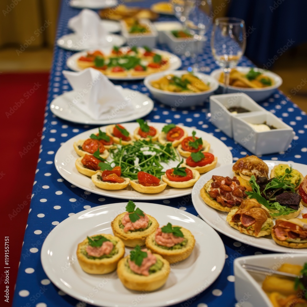 Colorful buffet spread, rows of white plates, polka dot blue tablecloth, vibrant salads and appetizers, catering event, food photography, overhead view, restaurant setting, culinary display, variety o Colorful buffet spread, rows of white plates, polka dot blue tablecloth, vibrant salads and appetizers, catering event, food photography, overhead view, restaurant setting, culinary display, variety o