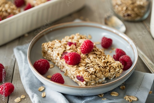 Delicious homemade granola bar with fresh raspberries, perfect for a healthy and energizing snack or breakfast
