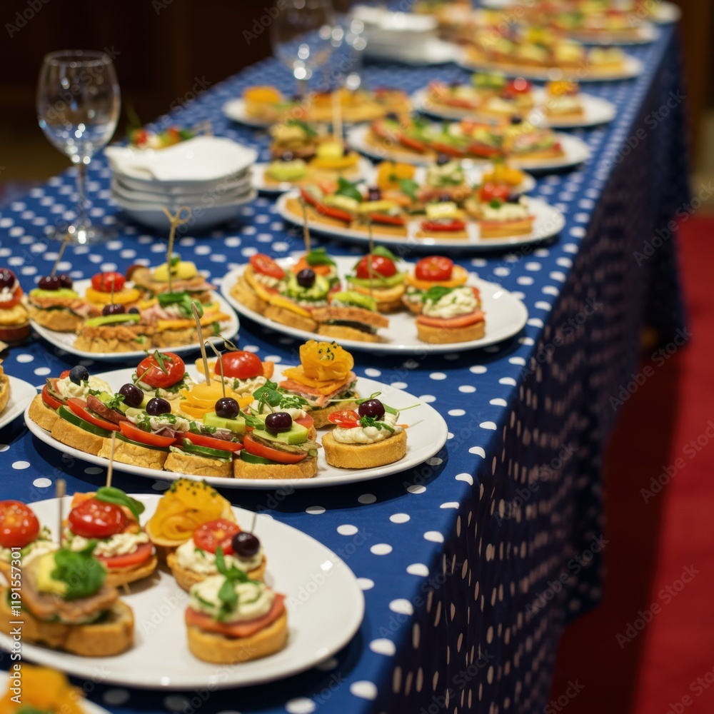 Colorful buffet spread, rows of white plates, polka dot blue tablecloth, vibrant salads and appetizers, catering event, food photography, overhead view, restaurant setting, culinary display, variety o Colorful buffet spread, rows of white plates, polka dot blue tablecloth, vibrant salads and appetizers, catering event, food photography, overhead view, restaurant setting, culinary display, variety o