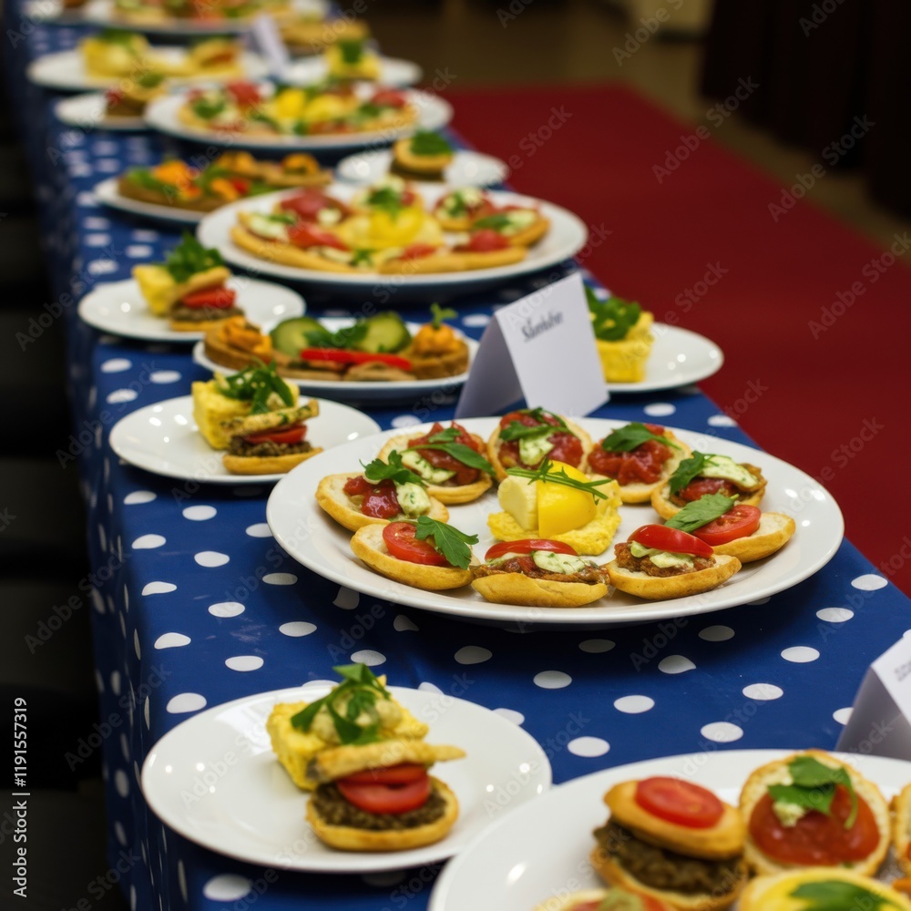 Colorful buffet spread, rows of white plates, polka dot blue tablecloth, vibrant salads and appetizers, catering event, food photography, overhead view, restaurant setting, culinary display, variety o Colorful buffet spread, rows of white plates, polka dot blue tablecloth, vibrant salads and appetizers, catering event, food photography, overhead view, restaurant setting, culinary display, variety o