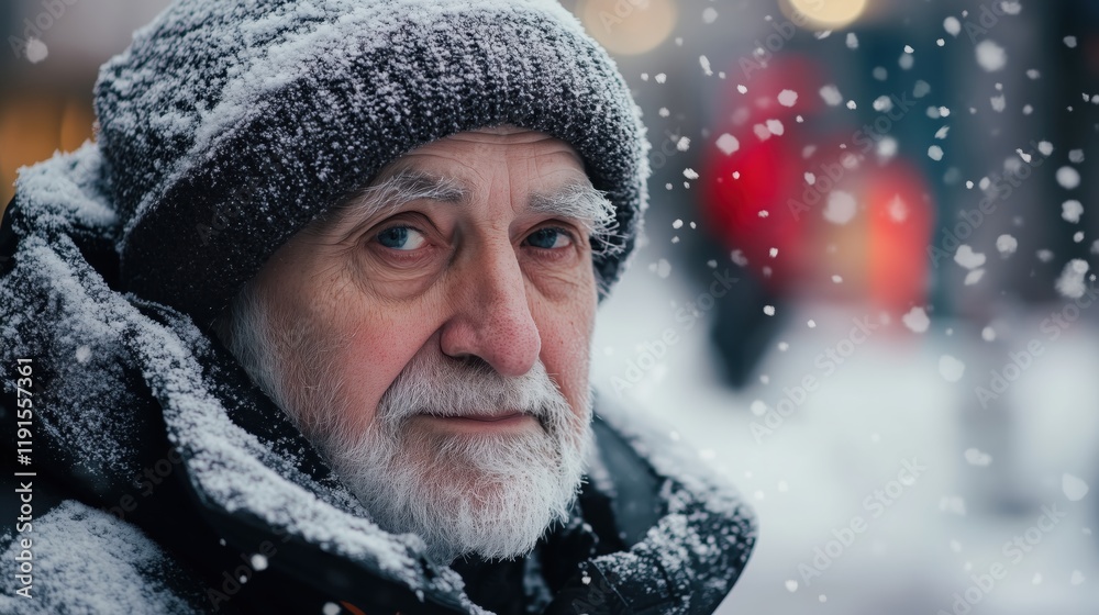 Snowflakes drift around an elderly man in layered winter attire, his expression peaceful against the white winter backdrop. Snowflakes drift around an elderly man in layered winter attire, his expression peaceful against the white winter backdrop.