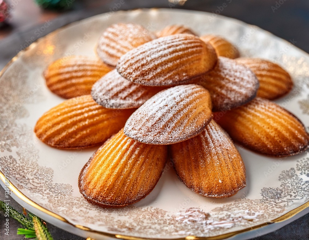 Generated image Golden brown French madeleines sprinkled with powdered sugar, Generated image Golden brown French madeleines sprinkled with powdered sugar,