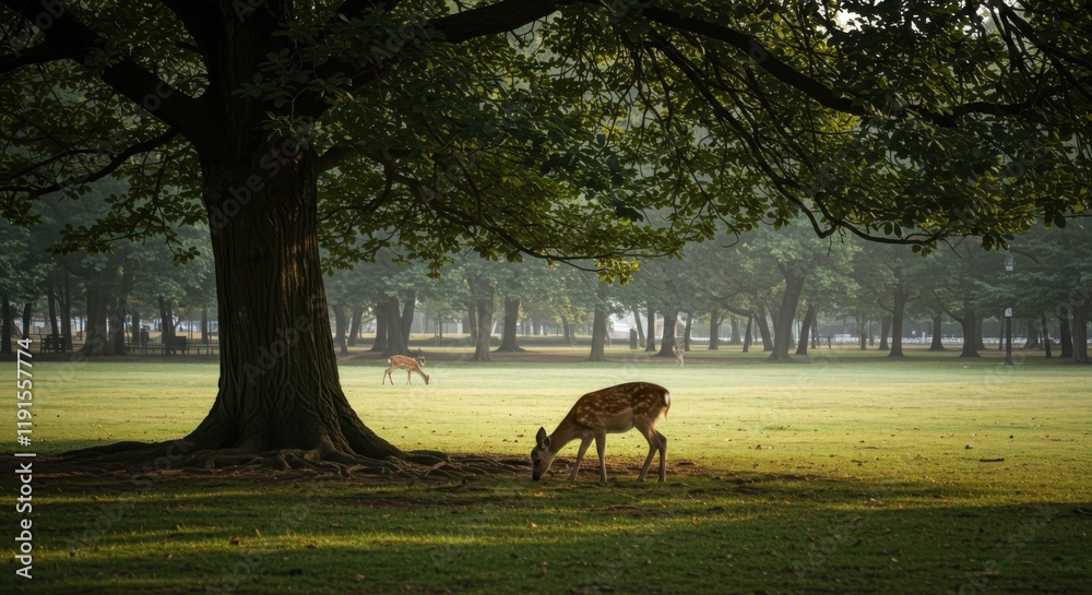 Majestic deer in park, lush green trees, dappled sunlight, tranquil meadow, ancient oak trees, serene atmosphere, golden hour lighting, natural wildlife, urban nature, peaceful landscape, soft focus b