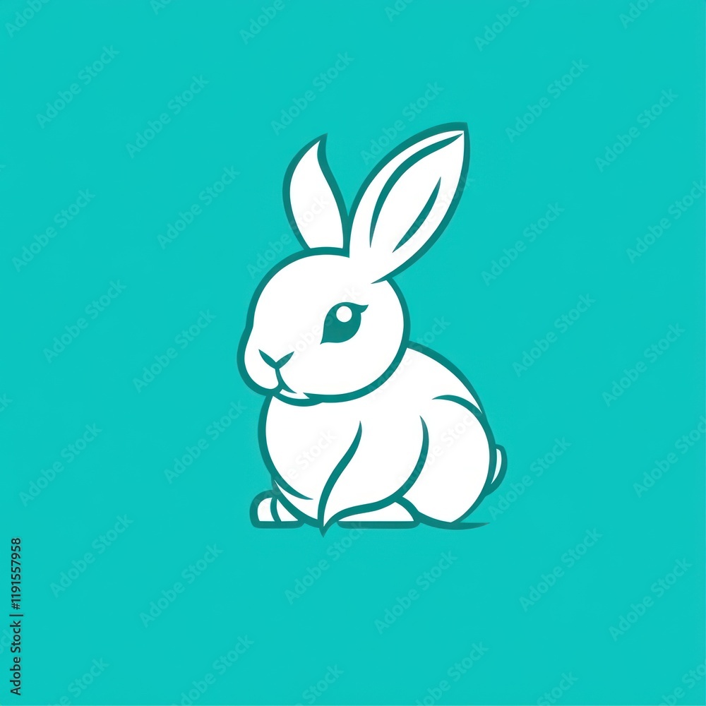Cute white bunny sitting, teal background, Easter, children's book illustration Cute white bunny sitting, teal background, Easter, children's book illustration