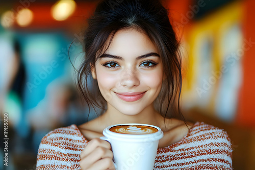 Smiling Woman Enjoying Latte Coffee in Cafe Setting - Realistic Photo photo