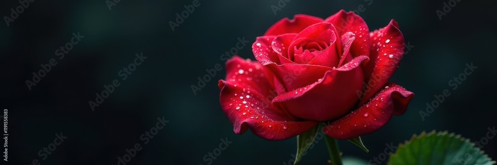 Red rose with dew drops, fiery hue against dark background, passion, dark background Red rose with dew drops, fiery hue against dark background, passion, dark background