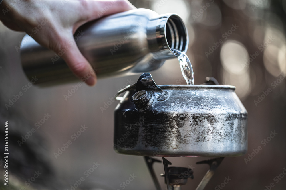 Wasser kochen in der Natur, Wasserkanne auf Gaskocher in der Outdoorküche