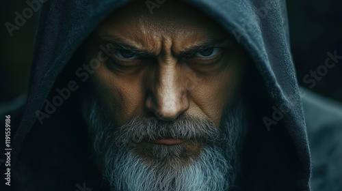 Under a dark hood, a grey-bearded man stares intensely, his sharp eyes reflecting wisdom and determination.
 photo