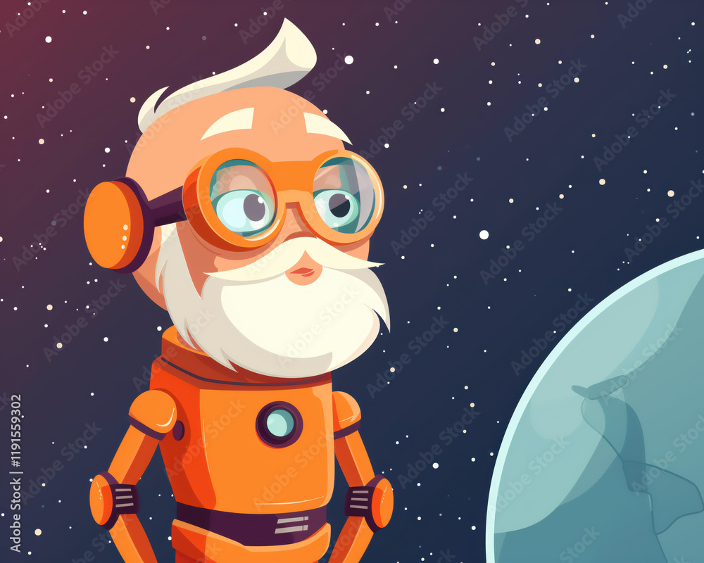 Fototapeta premium Futuristic Space Explorer Illustration with Elderly Astronaut in Orange Spacesuit Gazing at Planet in Starry Sky