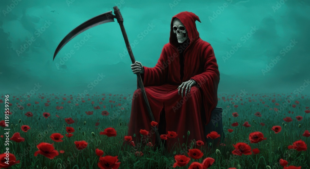 Fototapeta premium Grim reaper, red hooded cloak, scythe, field of red poppies, eerie green sky, atmospheric fog, ominous presence, dark fantasy, surreal landscape, supernatural, horror aesthetic, high contrast, moody l