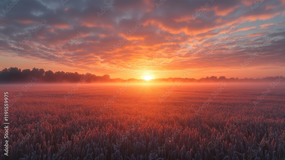 Vibrant Sunrise Over Foggy Field Of Wheat Vibrant Sunrise Over Foggy Field Of Wheat