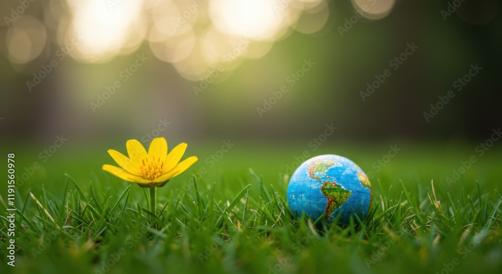 Small globe, lush green grass, vibrant yellow dandelion flowers, bokeh background, soft golden sunset light, shallow depth of field, environmental concept, Earth Day, nature conservation, miniature wo Small globe, lush green grass, vibrant yellow dandelion flowers, bokeh background, soft golden sunset light, shallow depth of field, environmental concept, Earth Day, nature conservation, miniature wo
