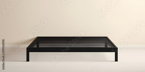 Sleek black metal platform bed frame against a neutral wall. Simple and modern design, perfect for any bedroom.