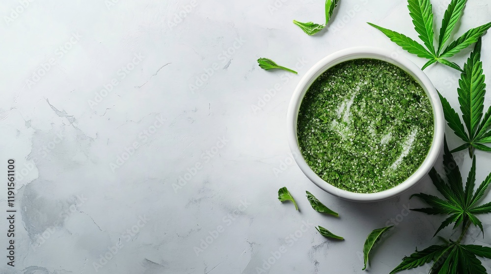 Green herbal mixture in a bowl with fresh leaves on a marble surface Green herbal mixture in a bowl with fresh leaves on a marble surface