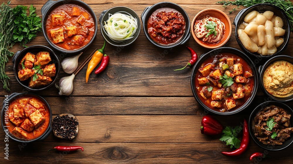 Delicious array of diverse dishes on a rustic wooden table with vibrant colors Delicious array of diverse dishes on a rustic wooden table with vibrant colors