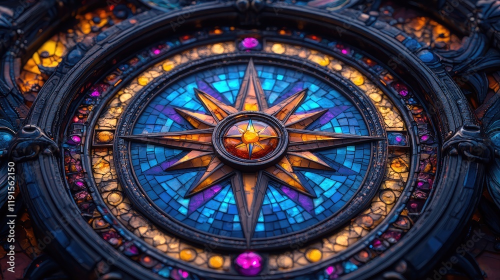 Obraz premium Ornate Mosaic Compass Rose Design Featuring Jewel Tones