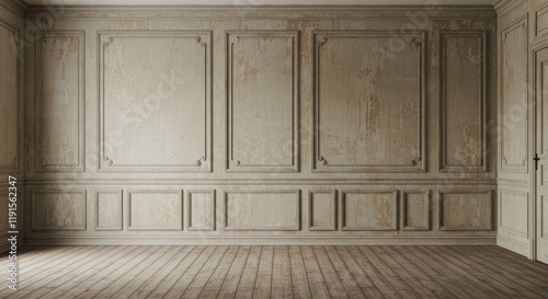 Ornate classical interior, cream-colored wall paneling, intricate moldings, wooden wainscoting, vintage architectural details, empty room, worn wooden floor, sepia tones, atmospheric lighting, high-re
