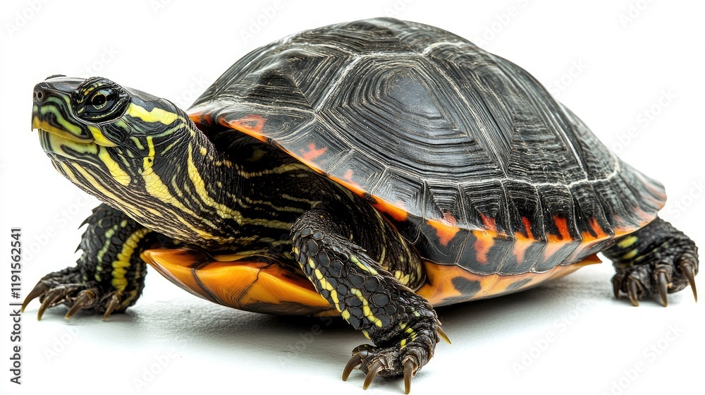 Close-Up of a Painted Turtle on White Background for Educational Use Close-Up of a Painted Turtle on White Background for Educational Use