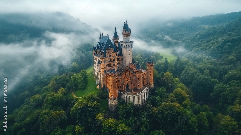 Majestic Castle nestled amidst a misty forest landscape Majestic Castle nestled amidst a misty forest landscape