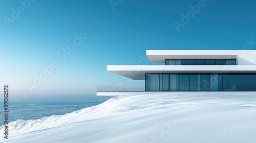 Modern White House on Snowy Mountaintop Overlooking Ocean photo