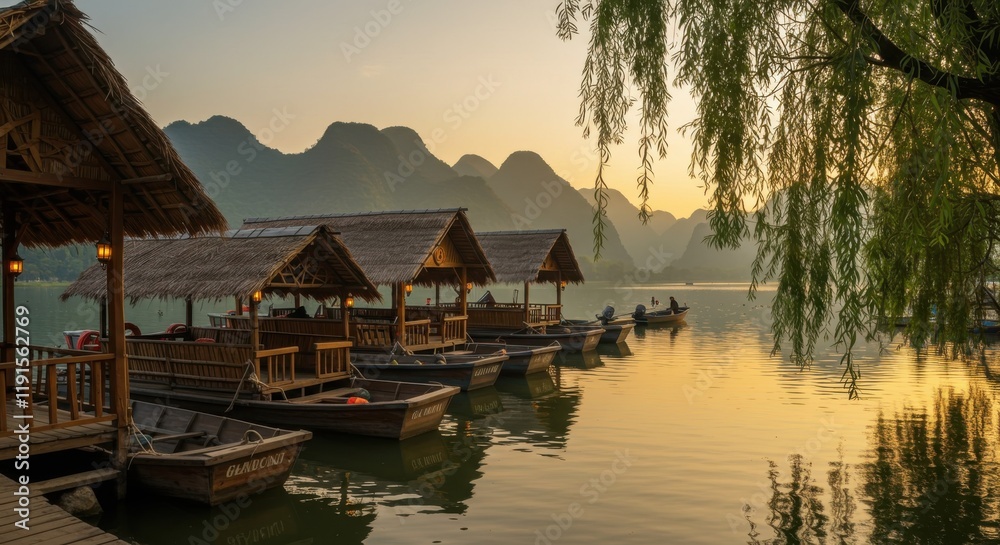 Fototapeta premium Tranquil lakeside scene, traditional Asian wooden boats, floating pier, thatched roof pavilions, willow tree, golden sunset light, misty mountains in background, reflective water surface, serene atmos