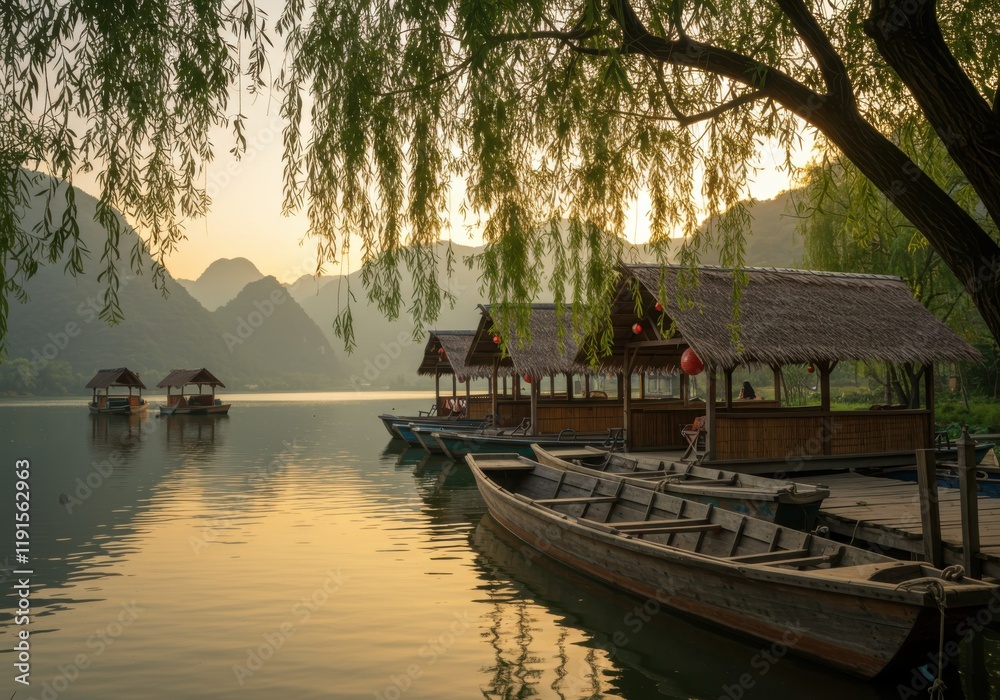 Fototapeta premium Tranquil lakeside scene, traditional Asian wooden boats, floating pier, thatched roof pavilions, willow tree, golden sunset light, misty mountains in background, reflective water surface, serene atmos