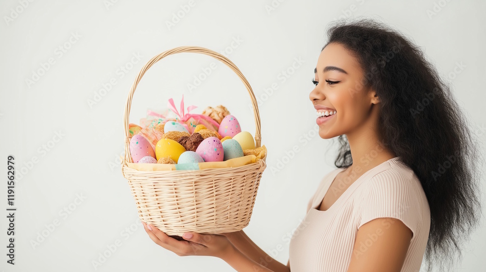 African american woman holding a large wicker basket with colorful eggs, concept of festive Easter gift and holiday celebration African american woman holding a large wicker basket with colorful eggs, concept of festive Easter gift and holiday celebration