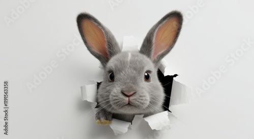 Realistic rabbit portrait, paper breakthrough effect, curious bunny face, large ears, textured fur, white background, 3D illusion, whimsical animal art, photorealistic detail, trompe l'oeil, soft ligh